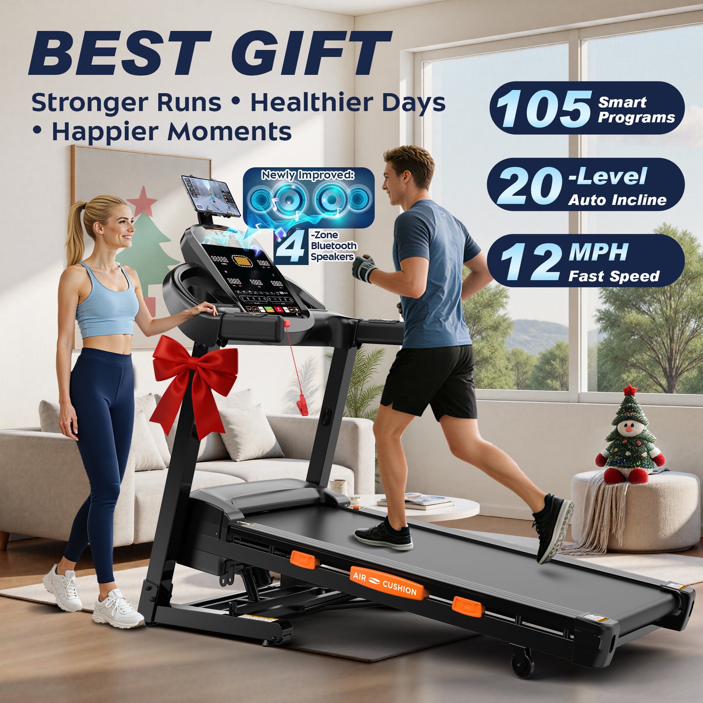 5.1HP Treadmill for Home 400lb Capacity, 12MPH Portable Treadmill with 20% Incline, Smart APP Control, 105 Programs, Cushioned Running Belt, Exercise Treadmill for Jogging Walking