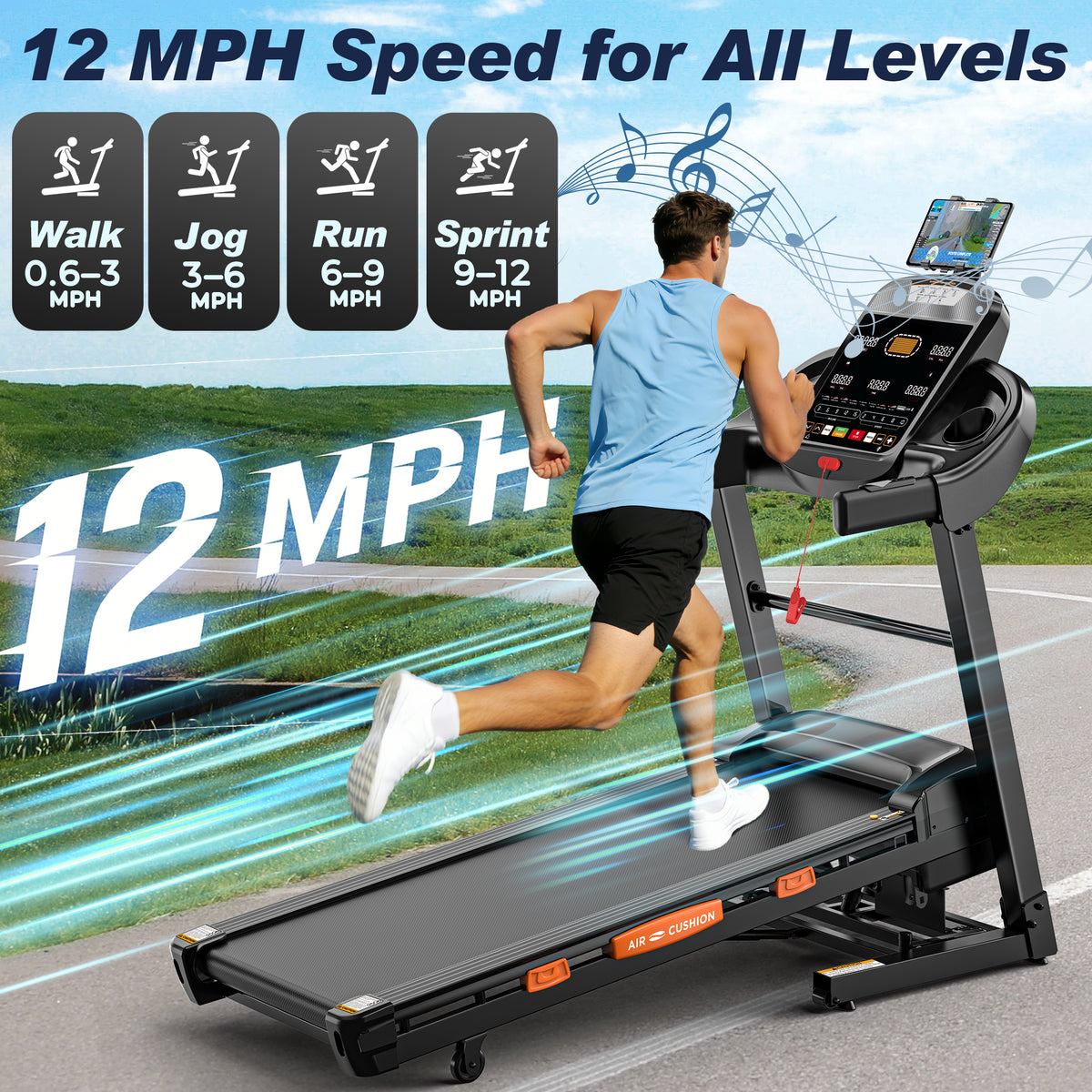 5.1HP Treadmill for Home 400lb Capacity, 12MPH Portable Treadmill with 20% Incline, Smart APP Control, 105 Programs, Cushioned Running Belt, Exercise Treadmill for Jogging Walking