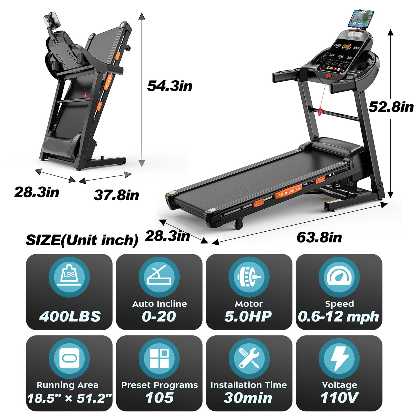 5.1HP Treadmill for Home 400lb Capacity, 12MPH Portable Treadmill with 20% Incline, Smart APP Control, 105 Programs, Cushioned Running Belt, Exercise Treadmill for Jogging Walking