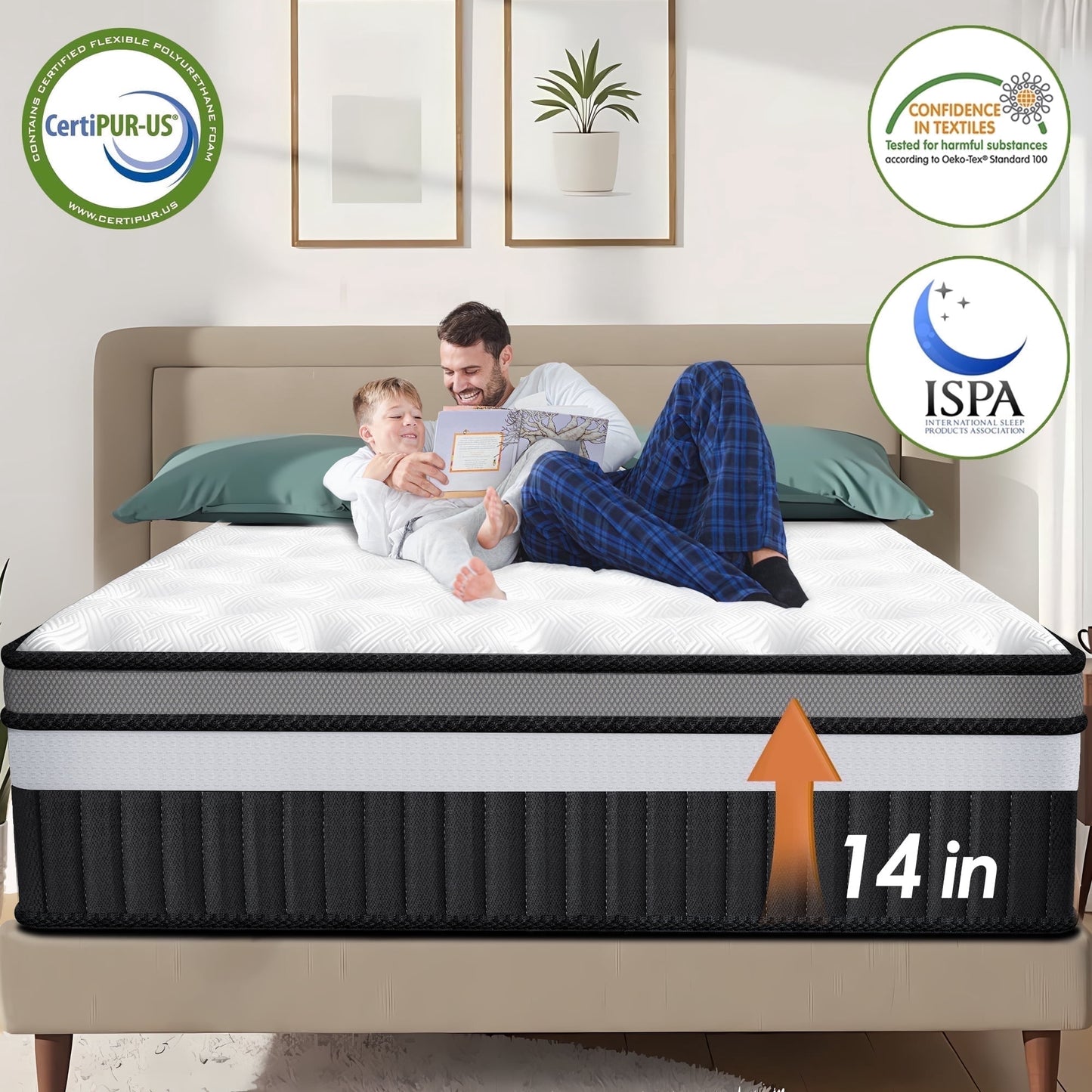 14 Inch Queen Mattress, Gel Memory Foam Hybrid Mattress in a Box, Pocket Spring Support with Motion Isolation & Pressure Relief, Medium Firm, CertiPUR-US