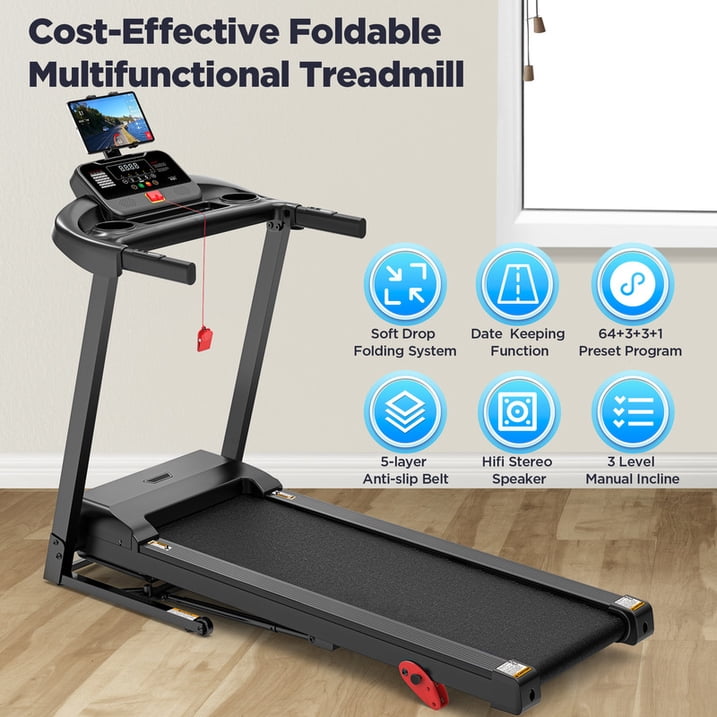 2.75HP Folding Treadmill with 300lb Capacity, 3 Adjustable Incline, 64+6+1 Program, Smart APP Connection, Bluetooth HiFi Stereo Speakers, 7.5MPH Portable Treadmill for Home Jogging walking