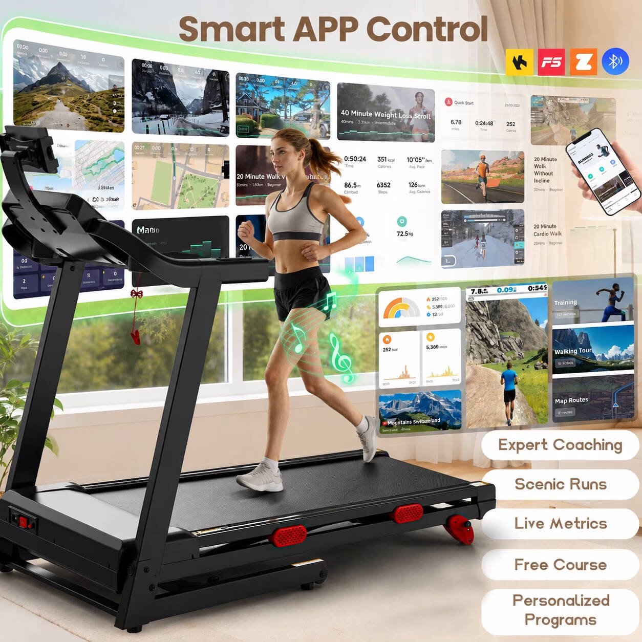 3.65HP 9MPH Treadmill for Home, 330LBS Capacity, Folding Treadmill w/ Incline & 105 Programs, Virtual Run with APP Control, Air damping System, Portable Exercise Equipment for Jogging Walking