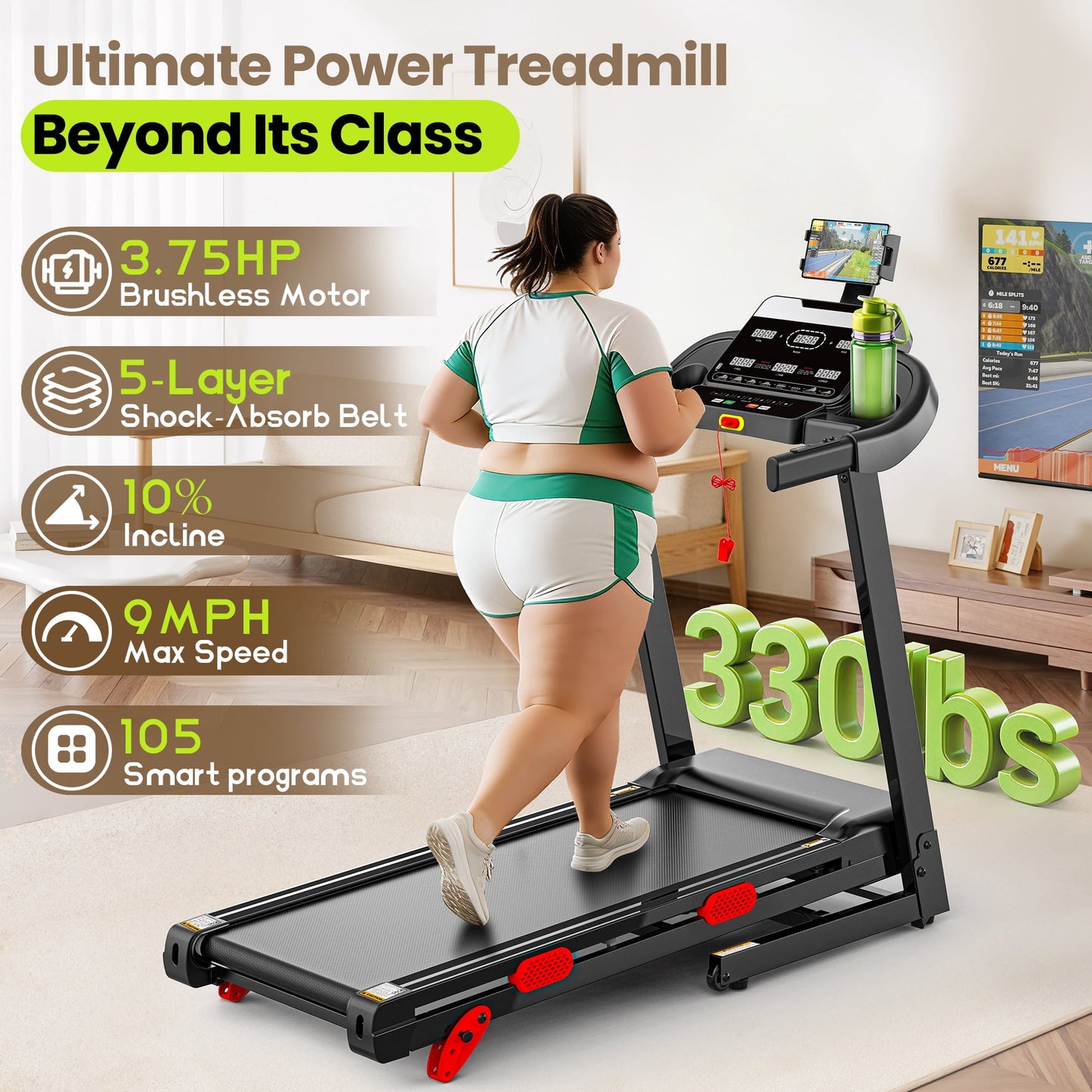 3.75HP Foldable Treadmill w/ Incline 10MPH Max Speed, 320lbs Capacity Portable Treadmill for Home Walking Jogging,105 Programs, Smart APP Control, Shock-Absorbent Wider Belt, Exercise Treadmill
