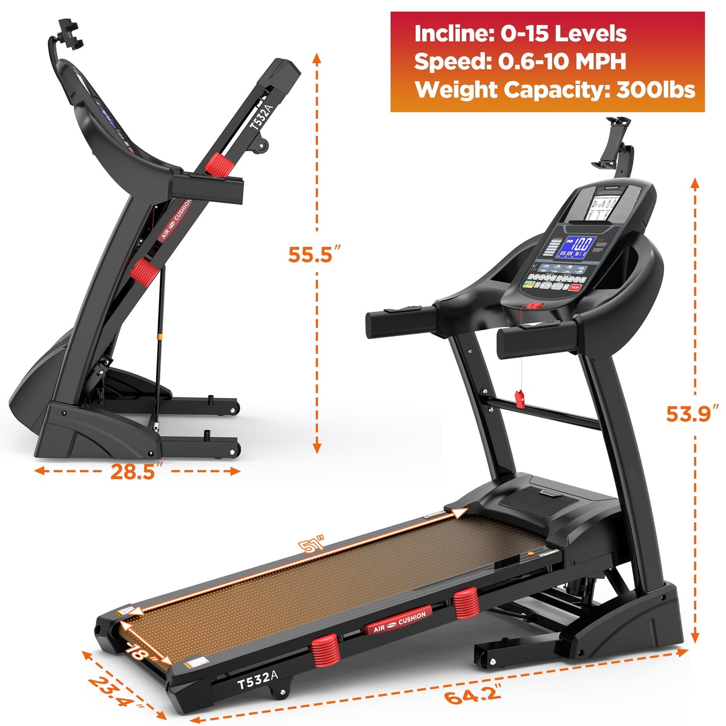 5.0HP 300LB Capacity Treadmill for Home, Foldable Treadmill w/ 15% Auto Incline, Immersive Run w/ Smart APP, 64+7 Workout Programs, 10MPH, Shock-Absorbing Exercise Treadmill for Walking Running