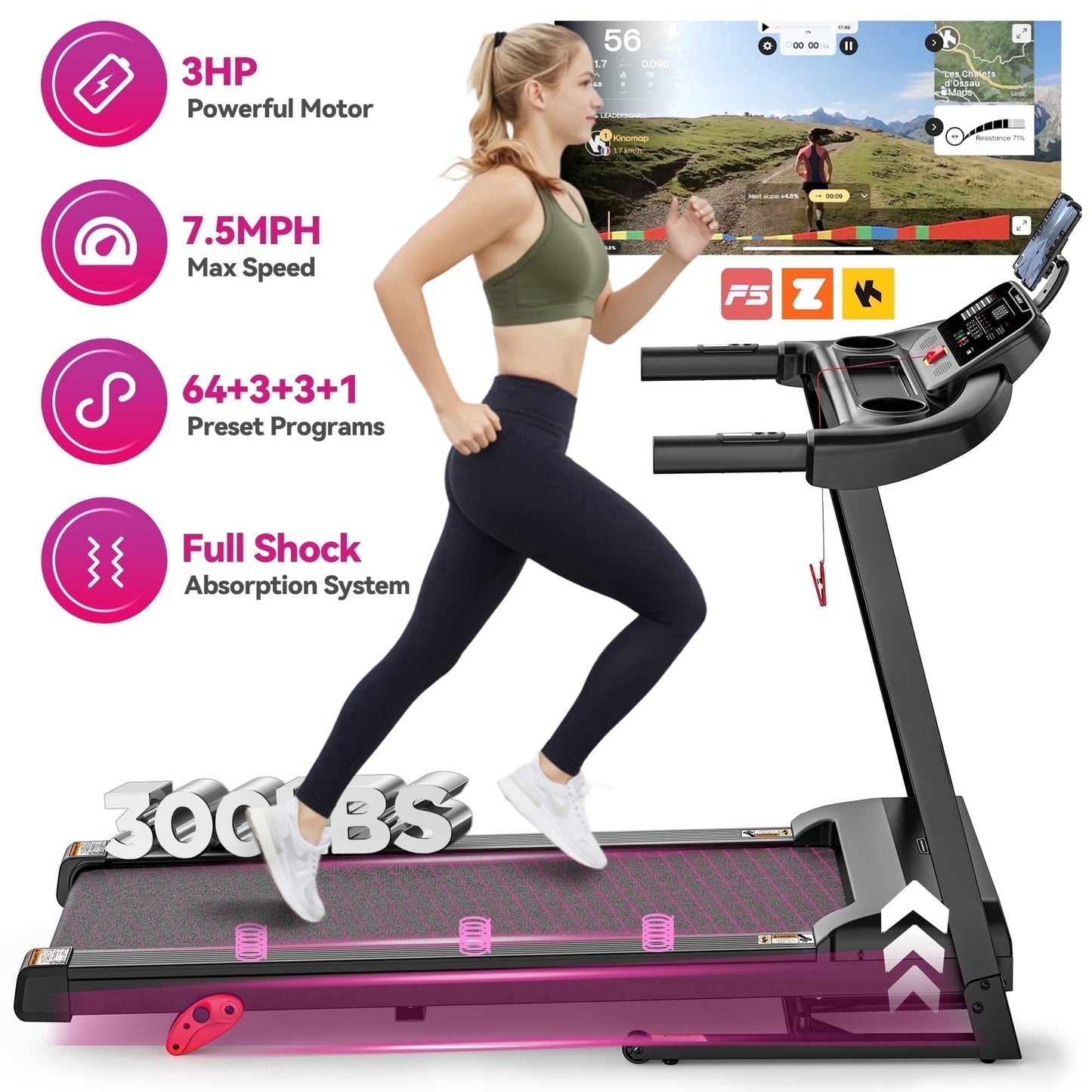 3HP Foldable Incline Treadmill with 300LBS Weight Capacity, 71 Preset Programs, APP Control, 7.5MPH Portable Treadmill, Walking Machine for Home Jogging Walking