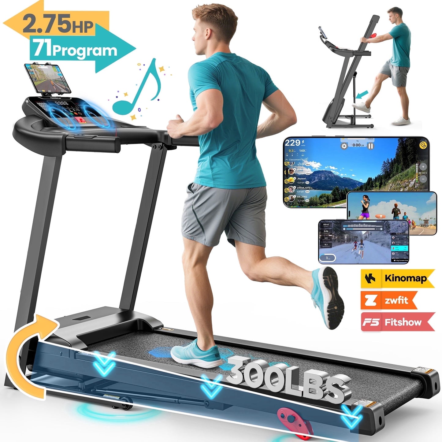 2.75HP Folding Treadmill with 300lb Capacity, 3 Adjustable Incline, 64+6+1 Program, Smart APP Connection, Bluetooth HiFi Stereo Speakers, 7.5MPH Portable Treadmill for Home Jogging walking