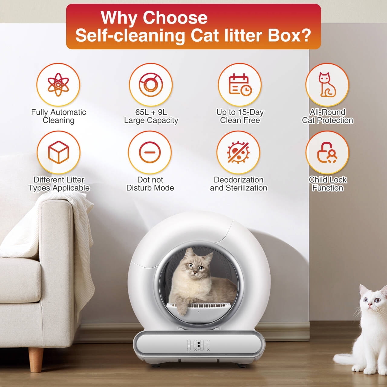 Automatic Litter Box for Multi Cats, Self Cleaning Litter Box, APP Control + Panel Control, Anti-Pinch Safety Design, 74 Large Capacity, Odor Control, Quiet Operation, 2 Roll Liners