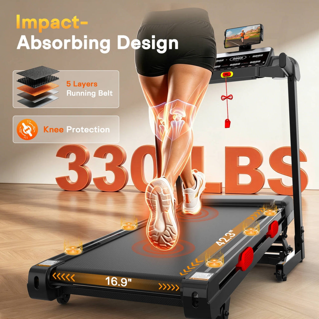 3.71HP Treadmills for Home w/ 15-Levels Incline, 5 in 1 Portable Treadmill with 330LBS Capacity, Foldable Elactric Treadmill with 6 Screen, 105 Preset Programs, Free Course with APP Connection