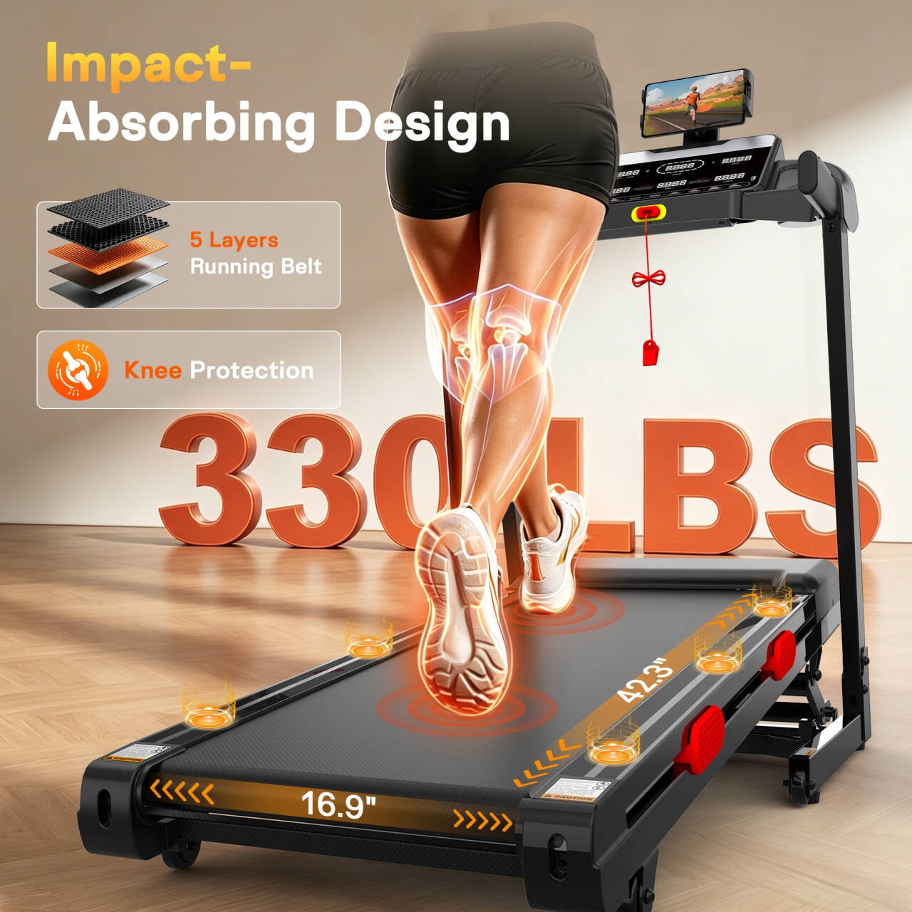3.71HP Treadmills for Home w/ 15-Levels Incline, 5 in 1 Portable Treadmill with 330LBS Capacity, Foldable Elactric Treadmill with 6 Screen, 105 Preset Programs, Free Course with APP Connection