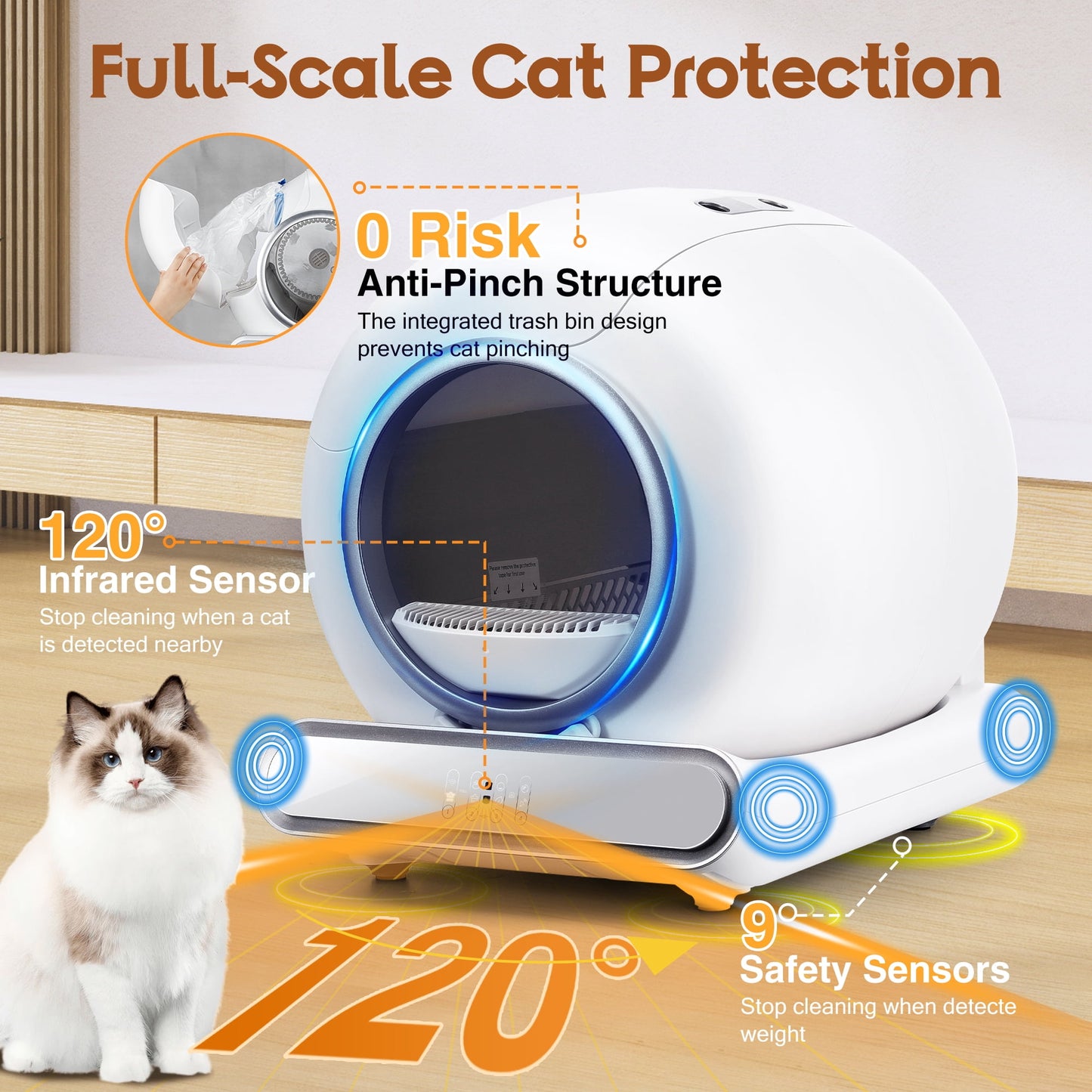 Self Cleaning Cat Litter Box, 115L Automatic Litter Box w/ Liner, 10 Sensor Protection for Multi Cat, Dual APP+ Panel Control,Odor Removal,Litter Box