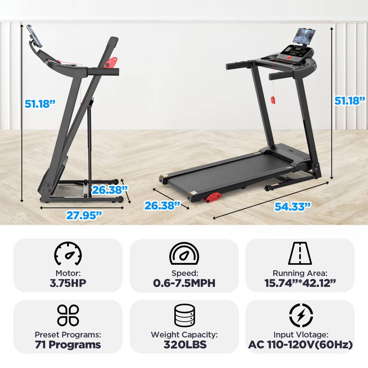 10% Inclined Treadmill w/ 330lb Capacity, 3.75HP Folding Treadmill for Home Walking Running, 64+7 Programs, APP Control, 7.5MPH, HiFi Stereo Speakers, Shock-Absorbing, Knee Strap Gift