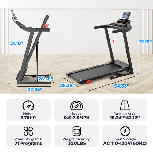 10% Inclined Treadmill w/ 330lb Capacity, 3.75HP Folding Treadmill for Home Walking Running, 64+7 Programs, APP Control, 7.5MPH, HiFi Stereo Speakers, Shock-Absorbing, Knee Strap Gift
