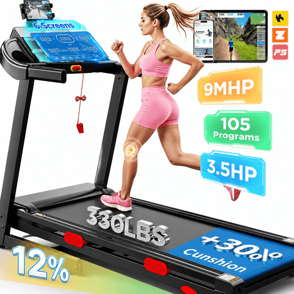 3.65HP 9MPH Treadmill for Home, 330LBS Capacity, Folding Treadmill w/ Incline & 105 Programs, Virtual Run with APP Control, Air damping System, Portable Exercise Equipment for Jogging Walking