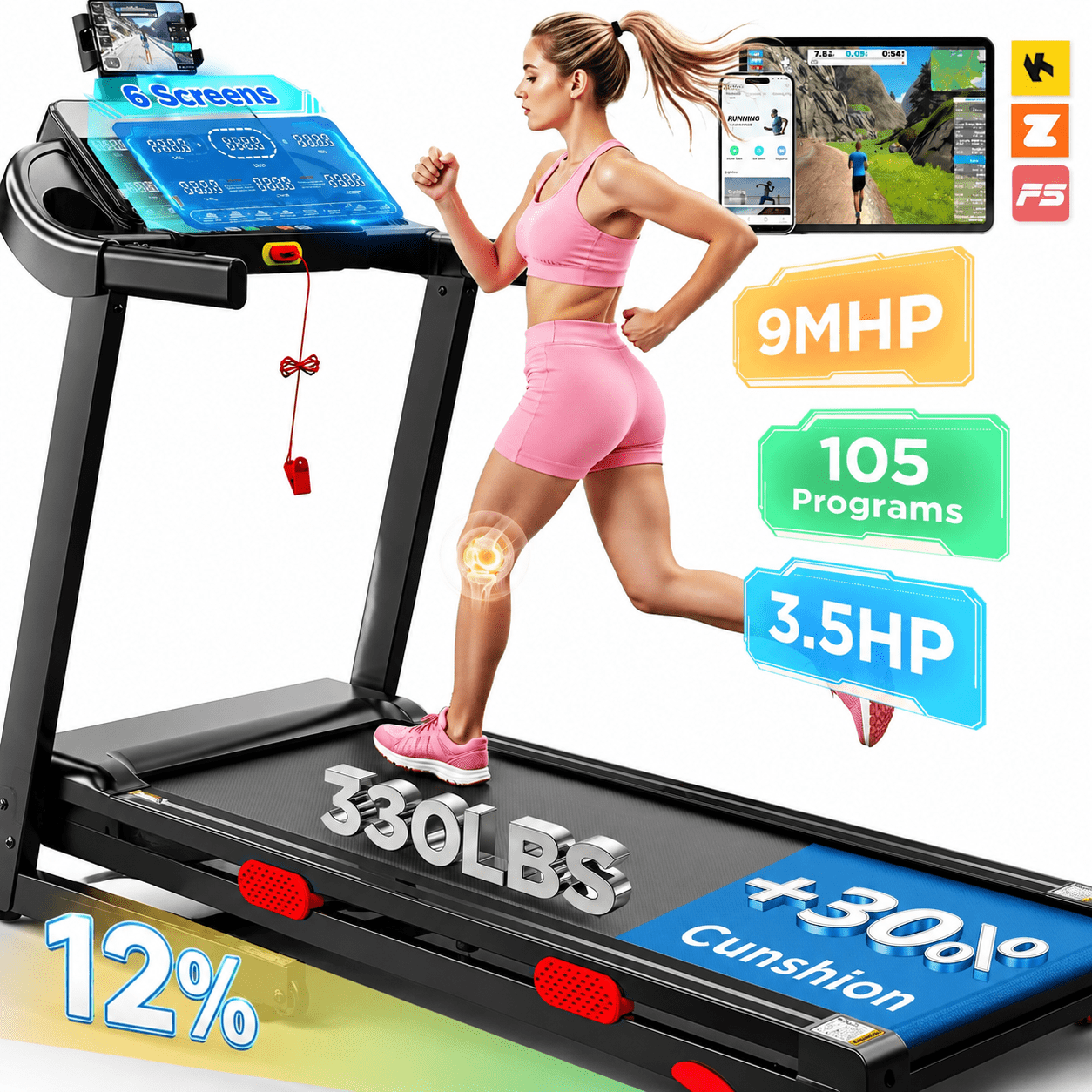 3.65HP 9MPH Treadmill for Home, 330LBS Capacity, Folding Treadmill w/ Incline & 105 Programs, Virtual Run with APP Control, Air damping System, Portable Exercise Equipment for Jogging Walking