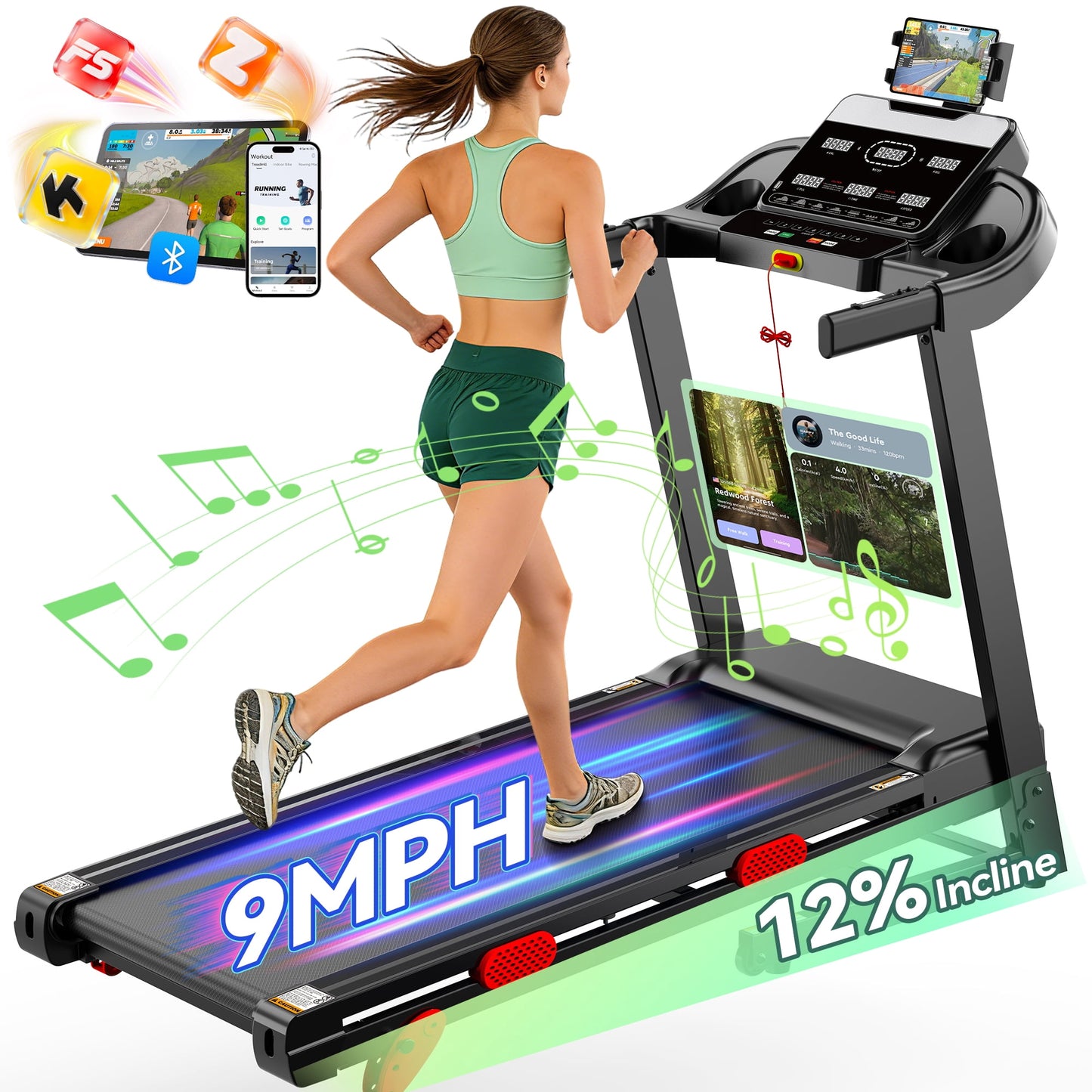 3.75HP Foldable Treadmill w/ Incline 10MPH Max Speed, 320lbs Capacity Portable Treadmill for Home Walking Jogging,105 Programs, Smart APP Control, Shock-Absorbent Wider Belt, Exercise Treadmill