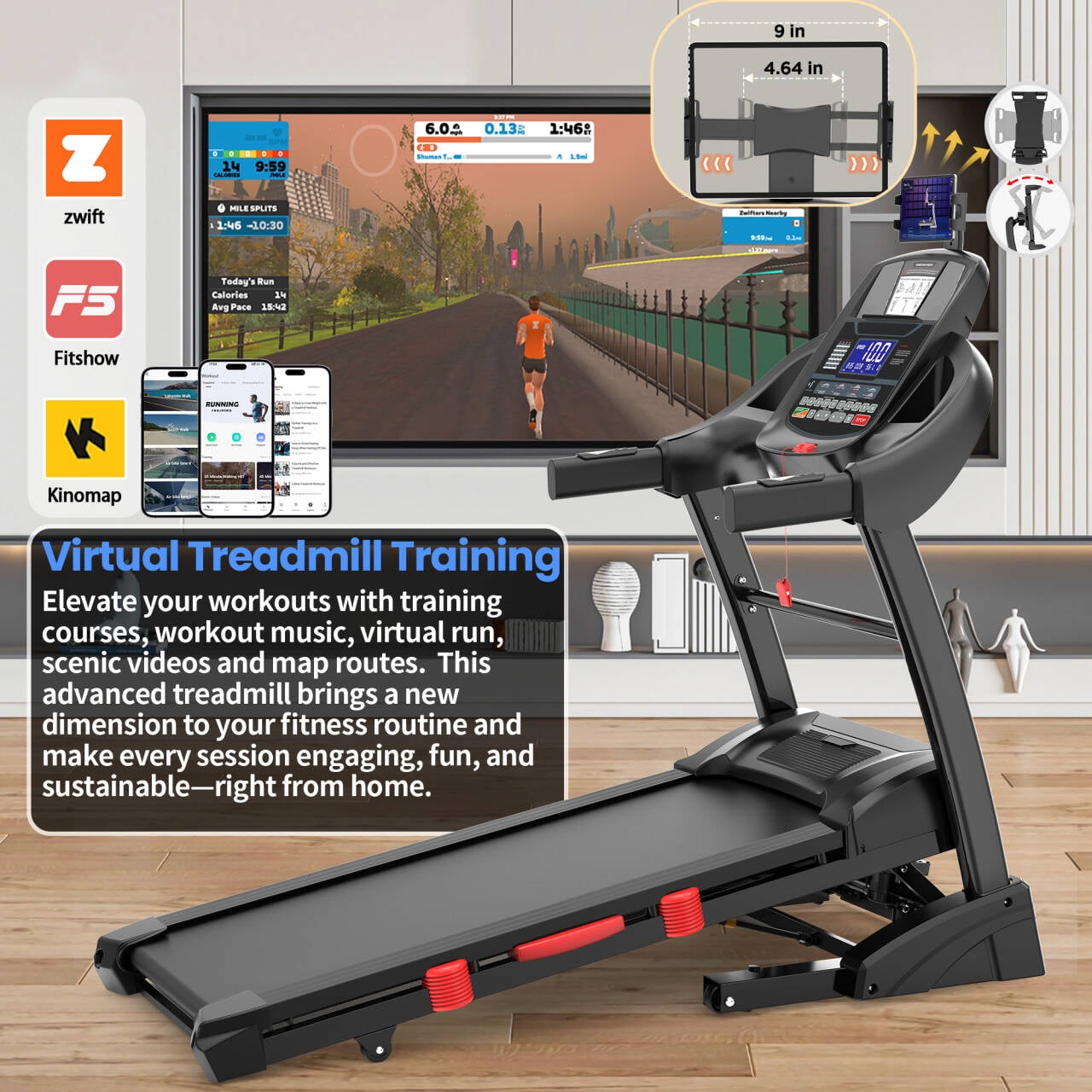 5HP Foldable Treadmill for Home w/ 20% Auto Incline, 400lbs Capacity, 12MPH Portable Treadmill, 64+7 Programs, Personalized Workout with APP, Running Walking treadmill