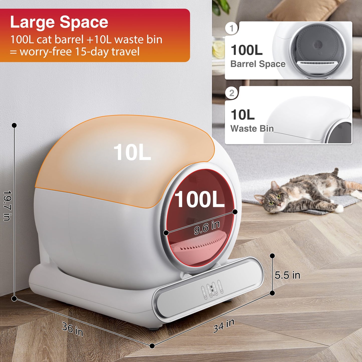 Automatic Cat Litter Box, 110L Self Cleaning Litter Box with APP Control, Odor Removal, Safety Protection, 65L+9L Large Capacity, Litter Box with 2 Liners & Baffle Plate