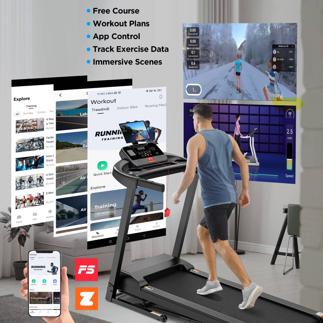 3.5HP 300lb Capacity Treadmill with Incline,64+3+4 Program, 3 Adjustable Incline, Folding Treadmill for Home Running & Jogging, 7.5MPH Speed, HiFi Bluetooth Speakers