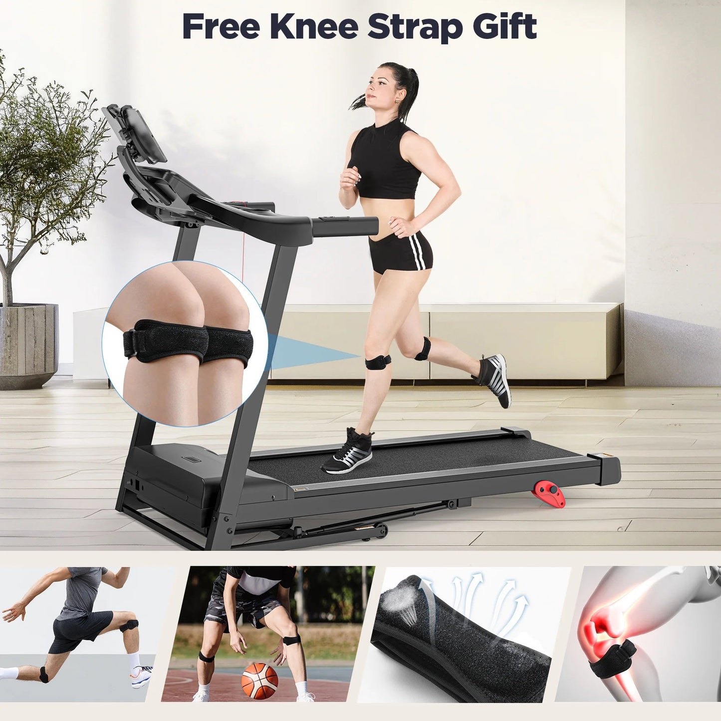 3.5HP 300lb Capacity Treadmill with Incline,64+3+4 Program, 3 Adjustable Incline, Folding Treadmill for Home Running & Jogging, 7.5MPH Speed, HiFi Bluetooth Speakers