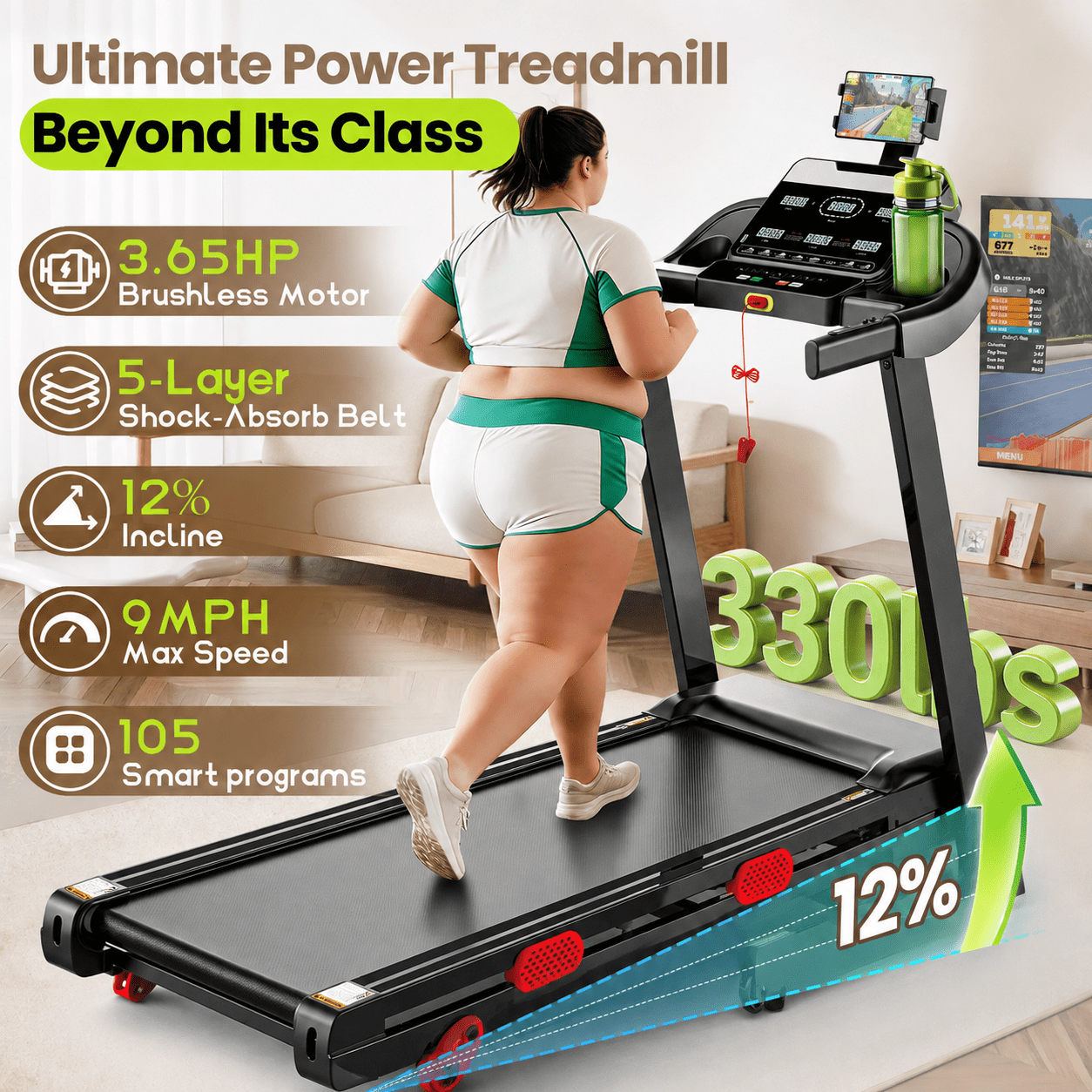 3.65HP 9MPH Treadmill for Home, 330LBS Capacity, Folding Treadmill w/ Incline & 105 Programs, Virtual Run with APP Control, Air damping System, Portable Exercise Equipment for Jogging Walking