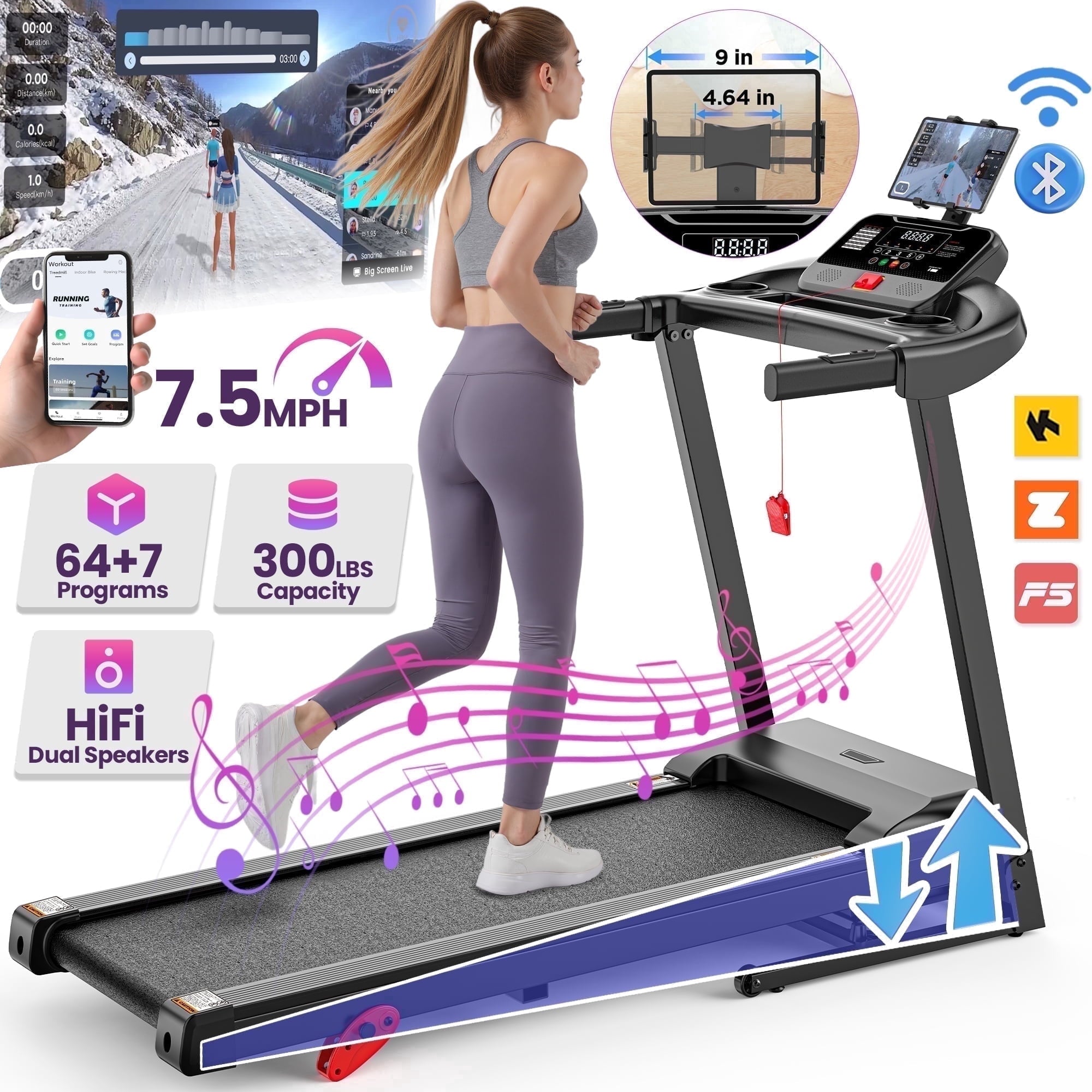 3.5HP 300lb Capacity Treadmill with Incline,64+3+4 Program, 3 Adjustable Incline, Folding Treadmill for Home Running & Jogging, 7.5MPH Speed, HiFi Bluetooth Speakers