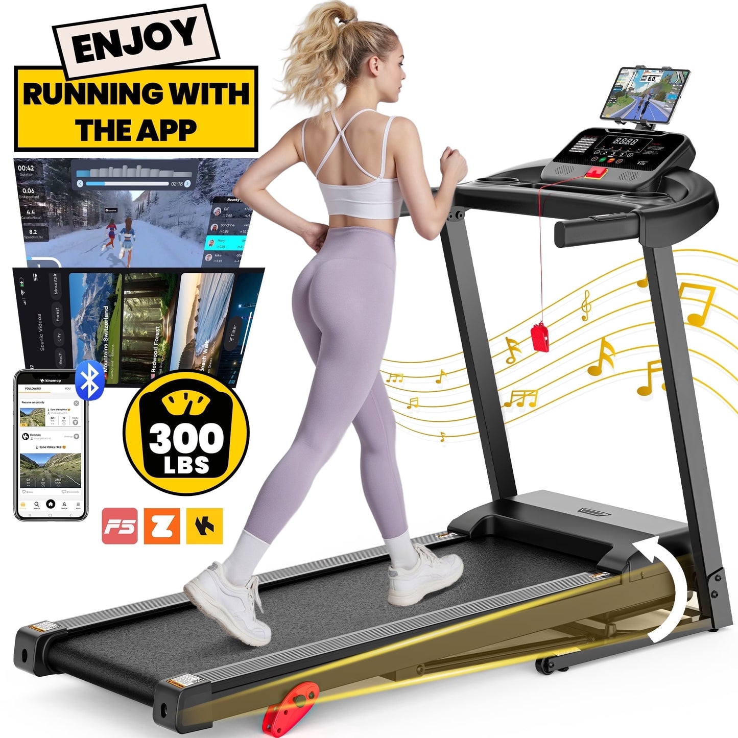 3HP Incline Treadmill w/ 300lb Capacity, Portable Folding Treadmill for Home w/ Bluetooth Dual Speakers, 64+6+1 Programs, Virtual Run w/ Multi APP, Exercise Equipment Treadmill for Walking Jogging