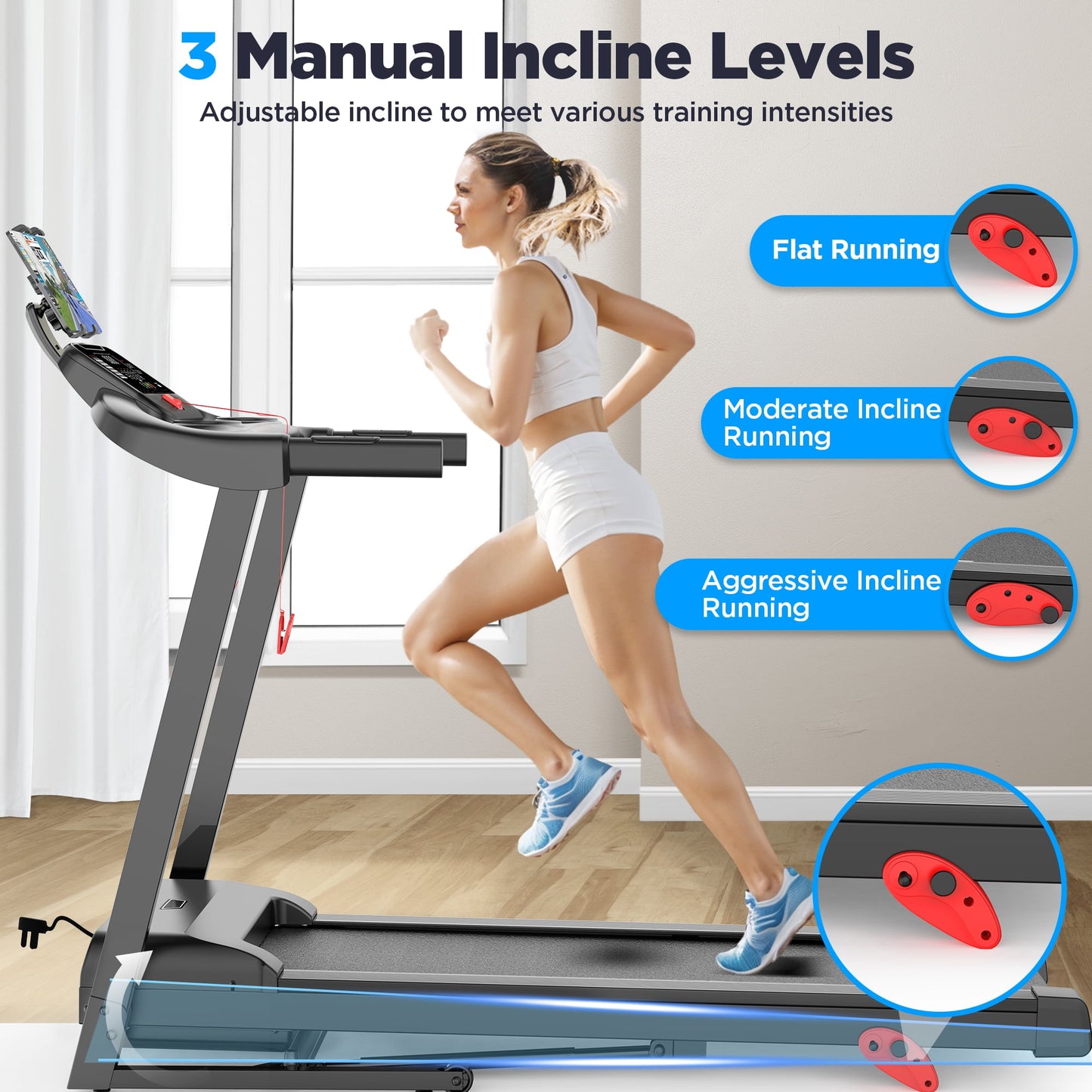 3.0HP Portable Foldable Treadmill w/ 300LBS Weight Capacity for Home & Office, Inclined Treadmill w/ Smart APP Control, 64+7 Program, HiFi Speakers, LCD Display, Ideal for Walking and Running