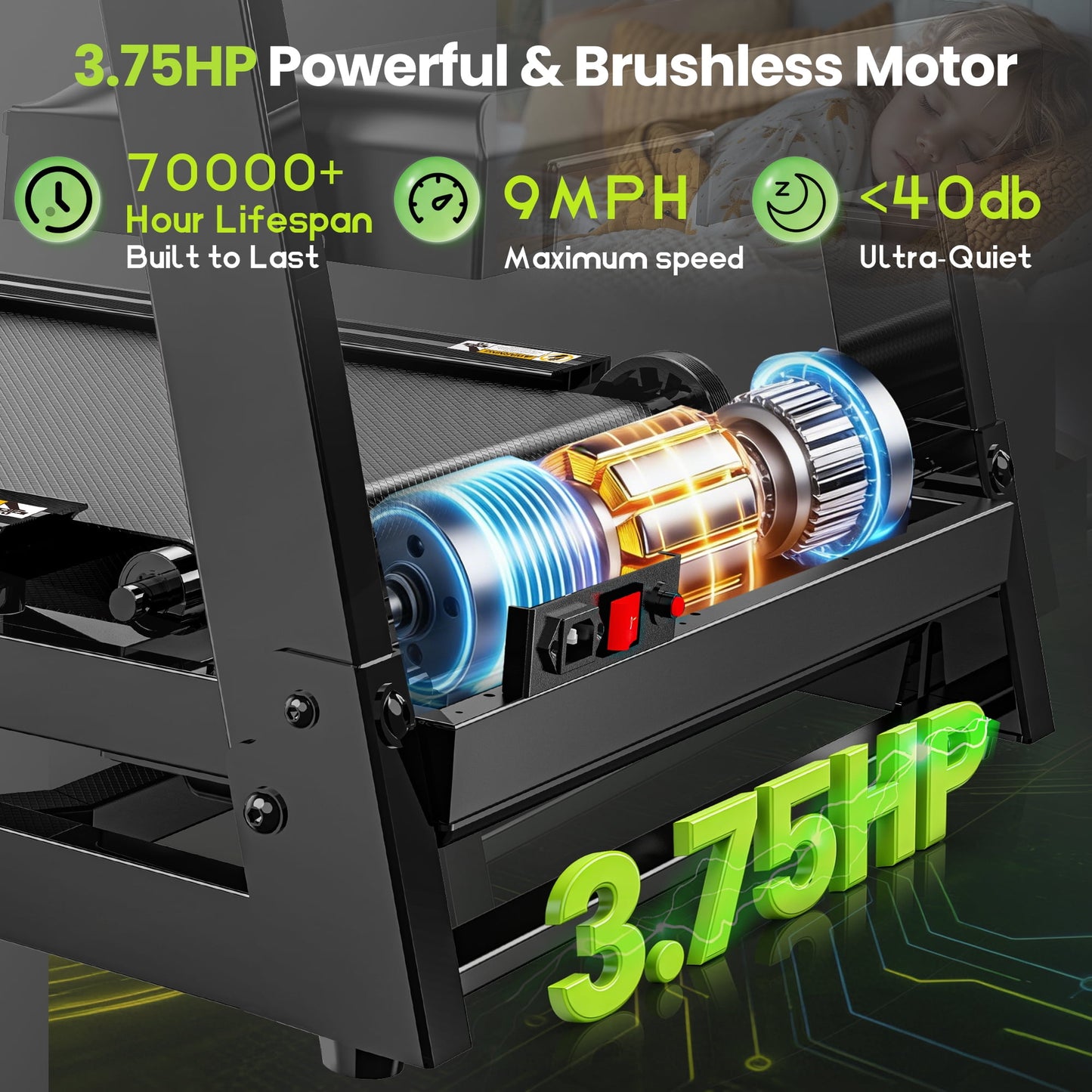 3.75HP Folding Treadmill with 300lbs Capacity, 105Programs Treadmill for Home, 3 Adjustable Incline, 9MPH Speed, Intelligent APP control, Silent Brushless Motor, Bluetooth & HiFi Stereo Speakers