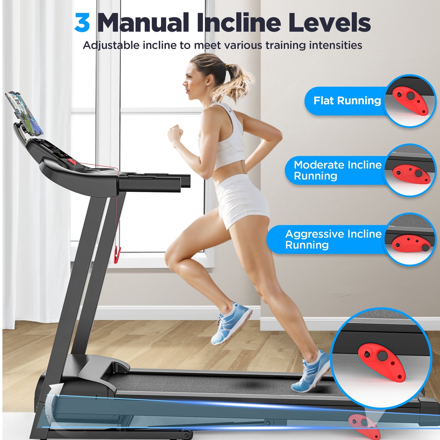 10% Inclined Treadmill w/ 330lb Capacity, 3.75HP Folding Treadmill for Home Walking Running, 64+7 Programs, APP Control, 7.5MPH, HiFi Stereo Speakers, Shock-Absorbing, Knee Strap Gift