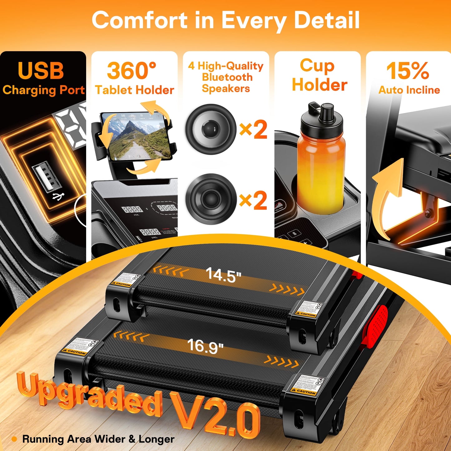 Foldable Treadmill with 15% Auto Incline, 330lb Capacity Treadmill for Home, 3.8HP Quiet Motor up to 9MPH, 105 Programs, Cushioned Running Belt, Smart APP Portable Jogging Walking Treadmill