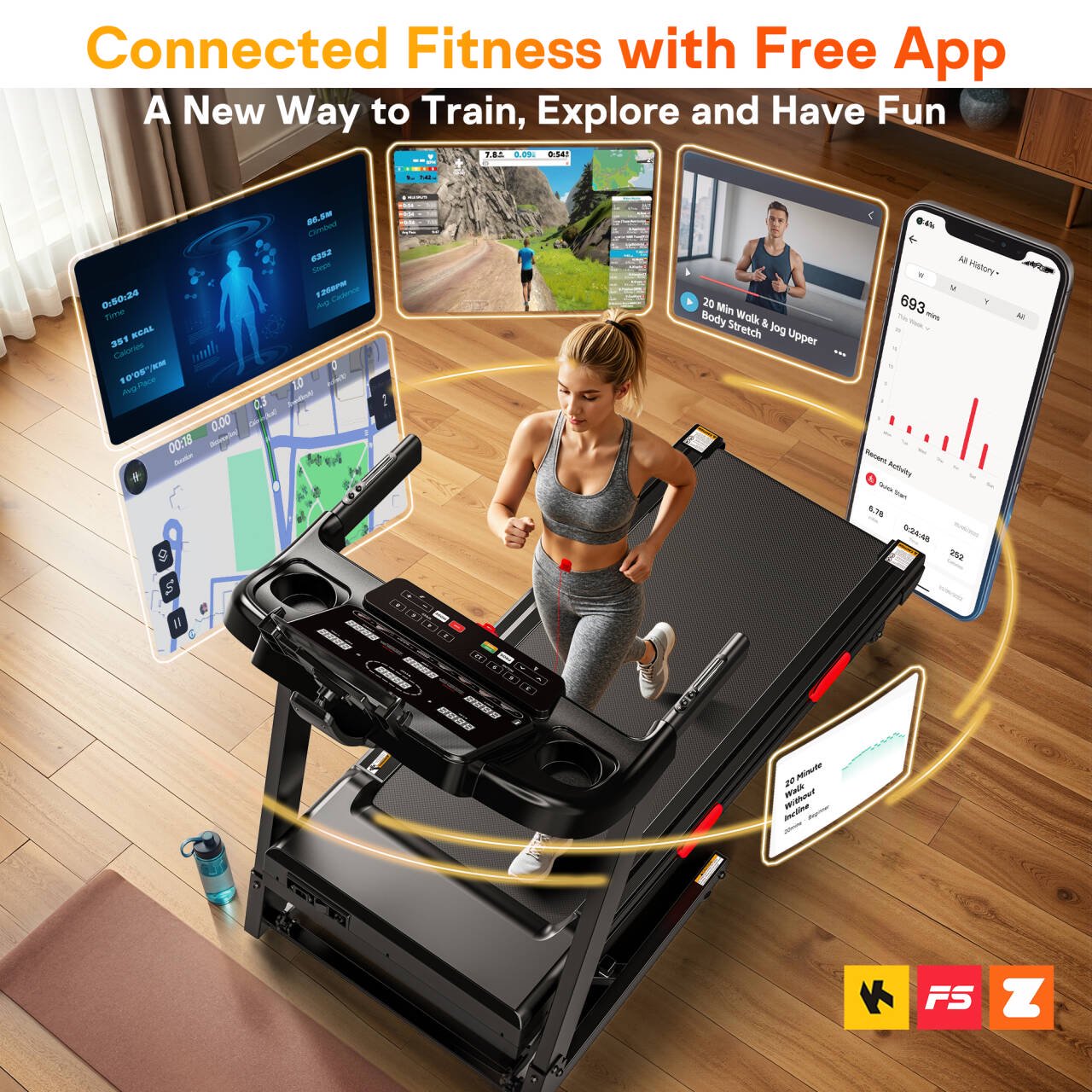 Folding Treadmill w/ 15% Auto Incline, 4.2HP Portable Treadmill 330LB Capacity, 105 Programs Treadmills for Home with APP Control, Bluetooth Speaker, LCD Display, Foldable Jogging Walking Treadmill