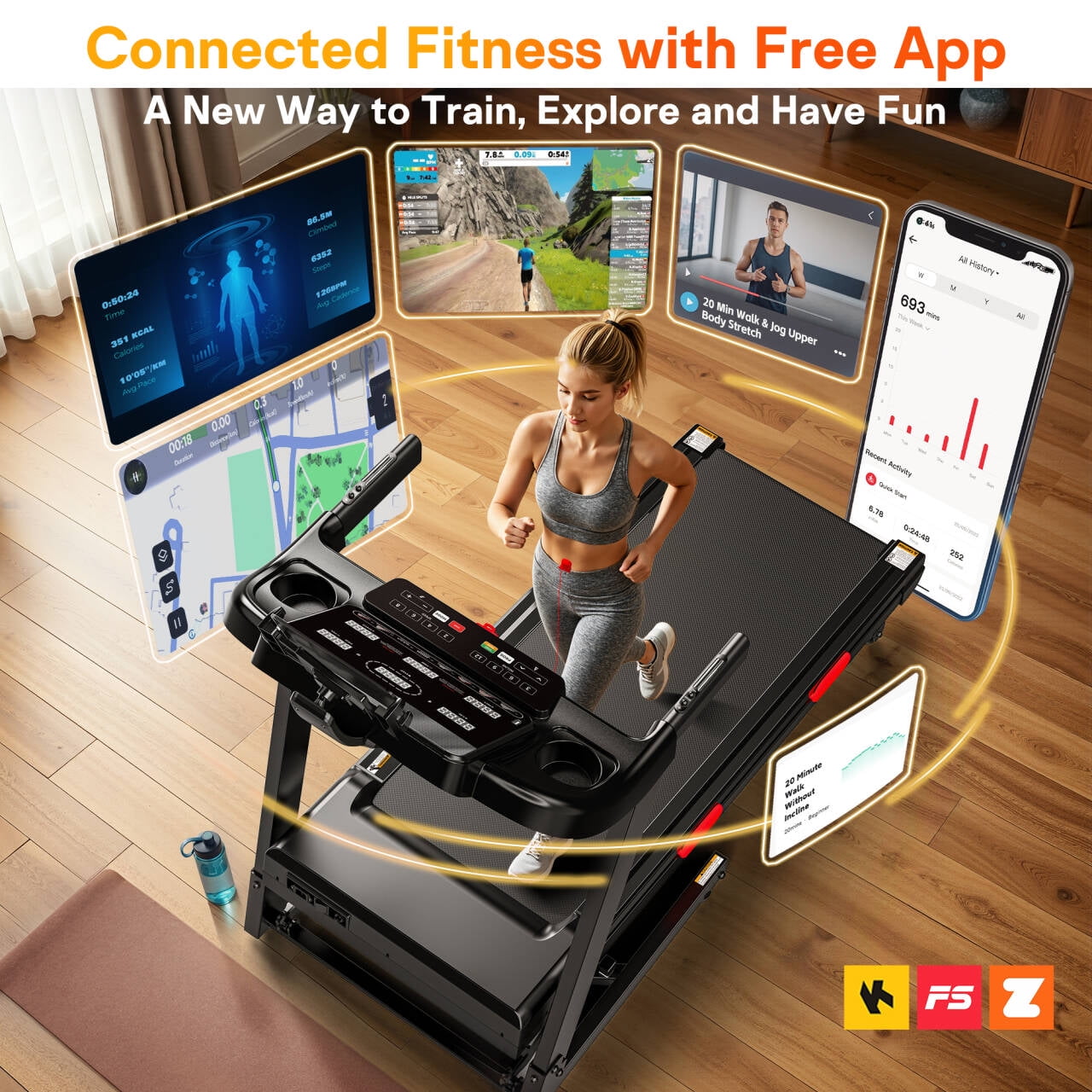 3.71HP Treadmills for Home w/ 15-Levels Incline, 5 in 1 Portable Treadmill with 330LBS Capacity, Foldable Elactric Treadmill with 6 Screen, 105 Preset Programs, Free Course with APP Connection