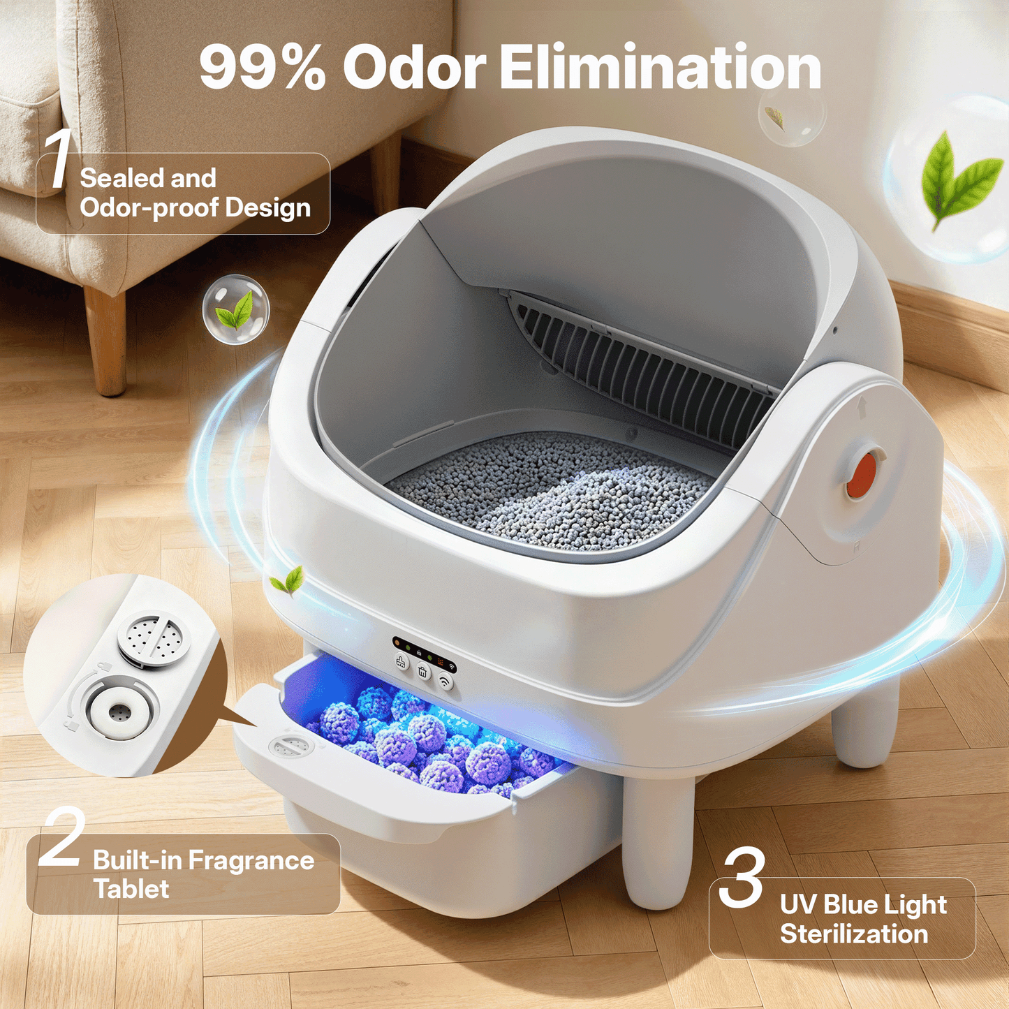 Automatic Cat Litter Box, Self-Cleaning Litter Box, Wifi-Enabled with 2.4G APP Control, Self-Cleaning Litter Box for Multiple Cats, Odor Removal, No-Disturb, Sensor Safety, Large 111L Capacity