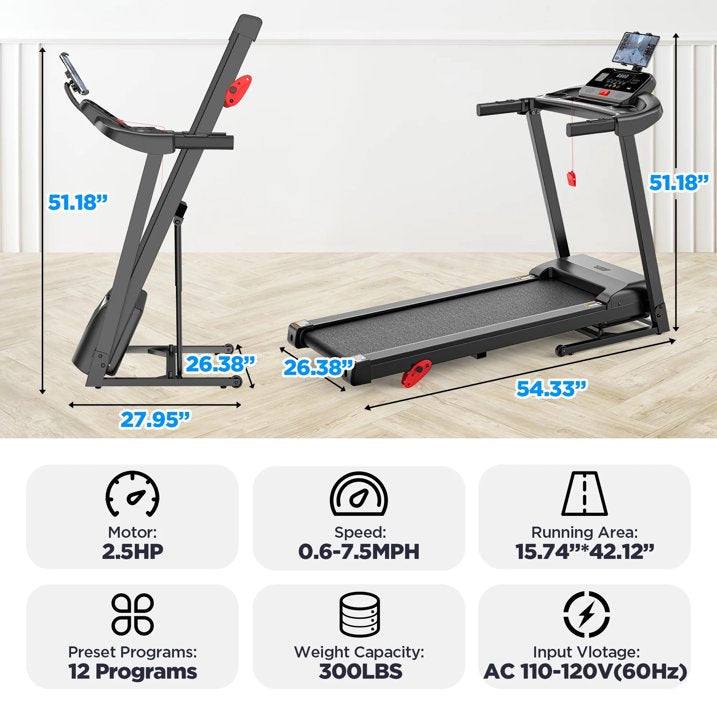 2.75HP Folding Treadmill with 300lb Capacity, 3 Adjustable Incline, 64+6+1 Program, Smart APP Connection, Bluetooth HiFi Stereo Speakers, 7.5MPH Portable Treadmill for Home Jogging walking