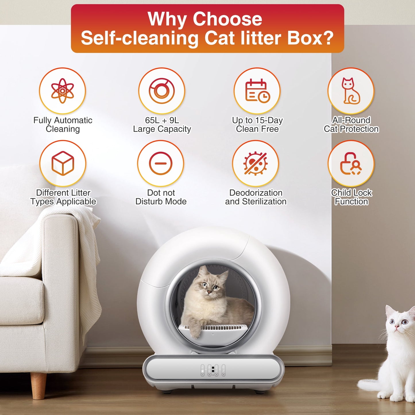 Automatic Cat Litter Box, 110L Self Cleaning Litter Box with APP Control, Odor Removal, Safety Protection, 65L+9L Large Capacity, Litter Box with 2 Liners & Baffle Plate
