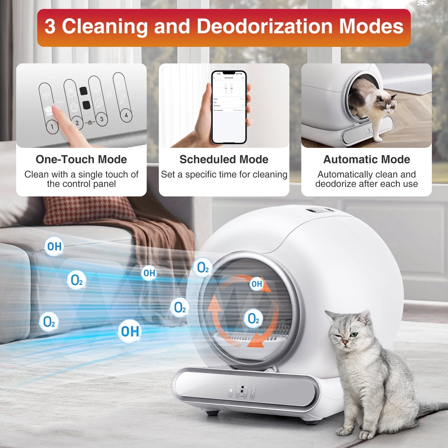 Automatic Cat Litter Box, 110L Self Cleaning Litter Box with APP Control, Odor Removal, Safety Protection, 65L+9L Large Capacity, Litter Box with 2 Liners & Baffle Plate