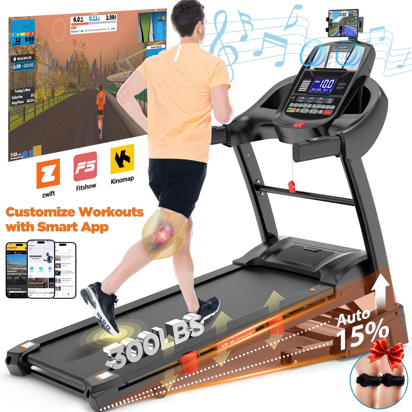 5.0HP 300LB Capacity Treadmill for Home, Foldable Treadmill w/ 15% Auto Incline, Immersive Run w/ Smart APP, 64+7 Workout Programs, 10MPH, Shock-Absorbing Exercise Treadmill for Walking Running
