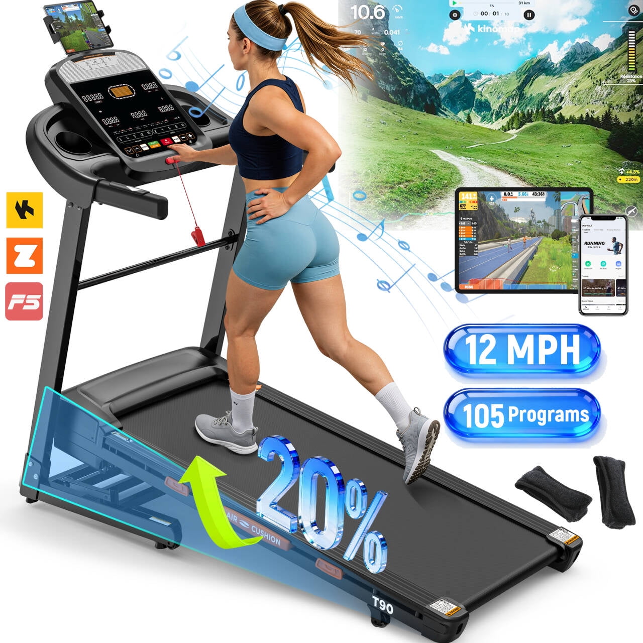 5.1HP Treadmill for Home 400lb Capacity, 12MPH Portable Treadmill with 20% Incline, Smart APP Control, 105 Programs, Cushioned Running Belt, Exercise Treadmill for Jogging Walking