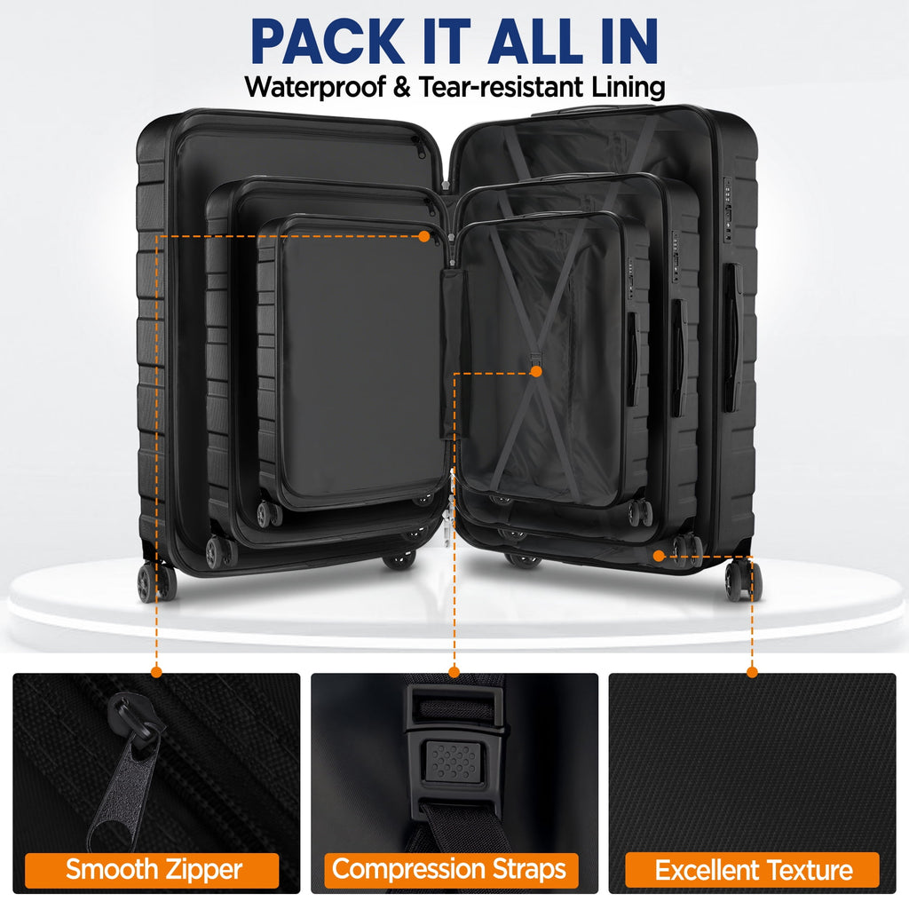 11Pcs Hardshell Luggage Set, Lightweight Suitcases w/ Spinner Wheels, Carry on Luggage, Black
