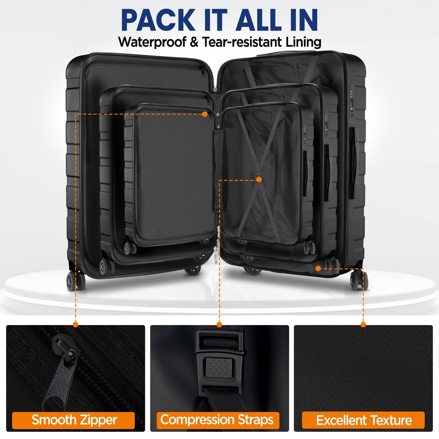 11Pcs Hardshell Luggage Set, Lightweight Suitcases w/ Spinner Wheels, Carry on Luggage, Black