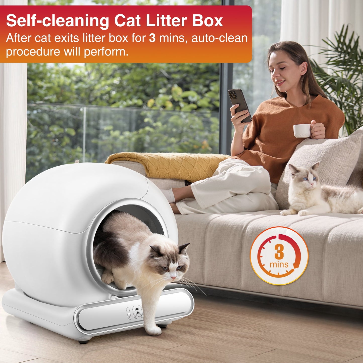 Automatic Cat Litter Box, 110L Self Cleaning Litter Box with APP Control, Odor Removal, Safety Protection, 65L+9L Large Capacity, Litter Box with 2 Liners & Baffle Plate