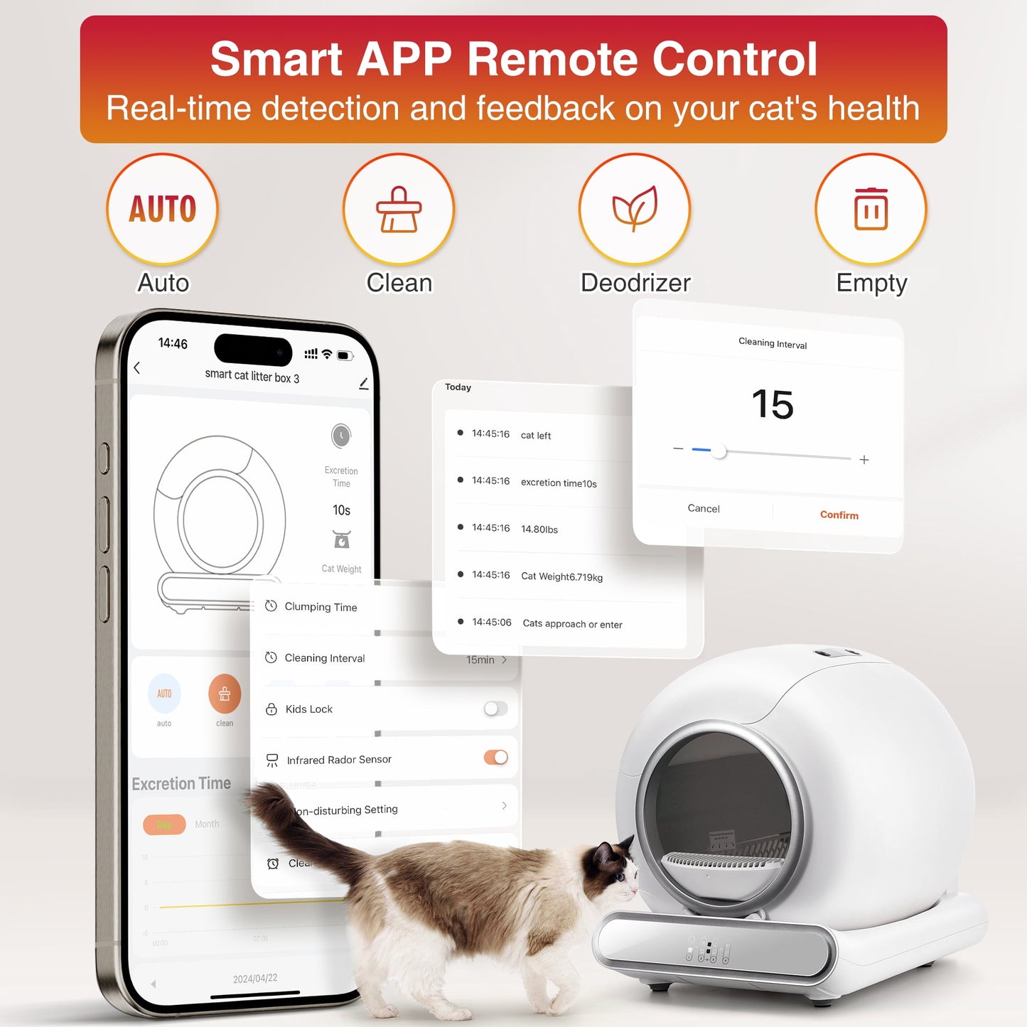 Automatic Cat Litter Box, 110L Self Cleaning Litter Box with APP Control, Odor Removal, Safety Protection, 65L+9L Large Capacity, Litter Box with 2 Liners & Baffle Plate