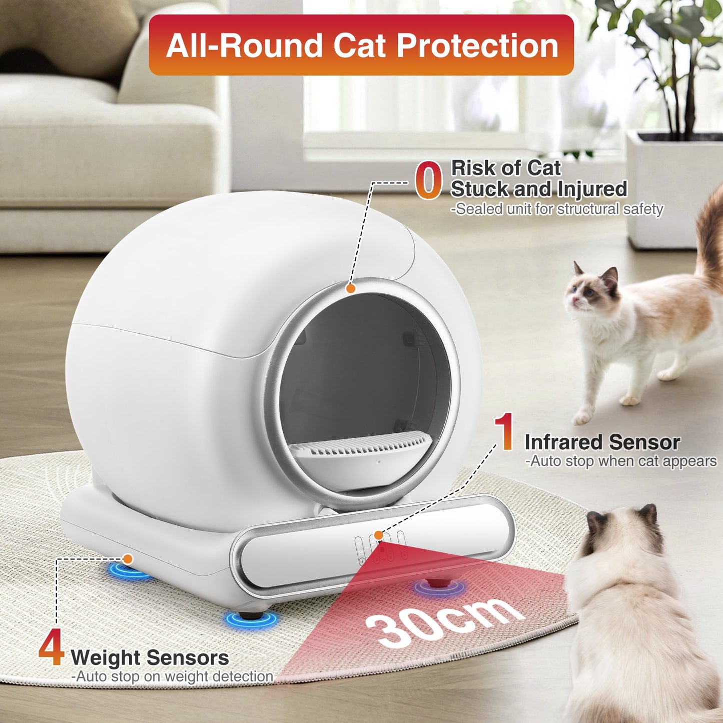 Automatic Cat Litter Box, 110L Self Cleaning Litter Box with APP Control, Odor Removal, Safety Protection, 65L+9L Large Capacity, Litter Box with 2 Liners & Baffle Plate