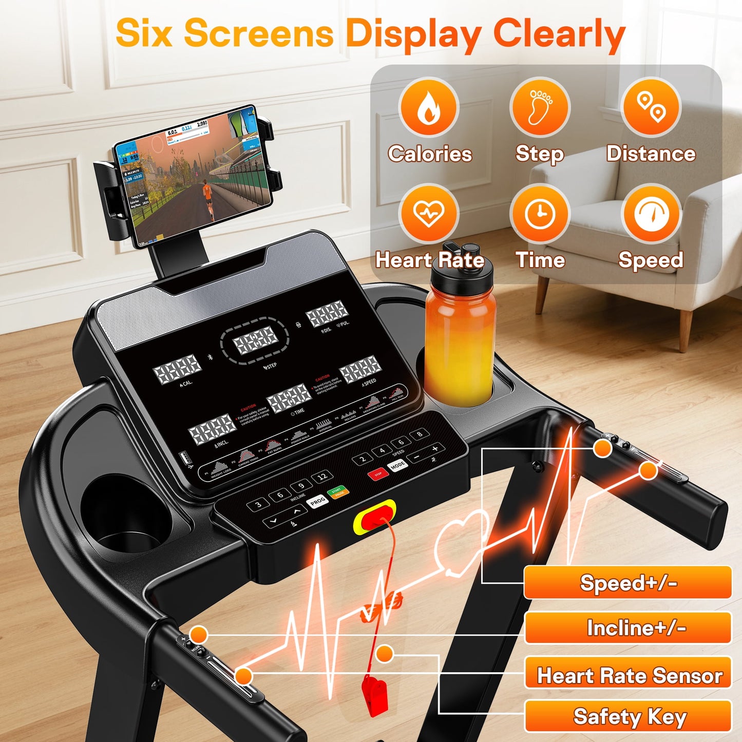 3.71HP Treadmills for Home w/ 15-Levels Incline, 5 in 1 Portable Treadmill with 330LBS Capacity, Foldable Elactric Treadmill with 6 Screen, 105 Preset Programs, Free Course with APP Connection
