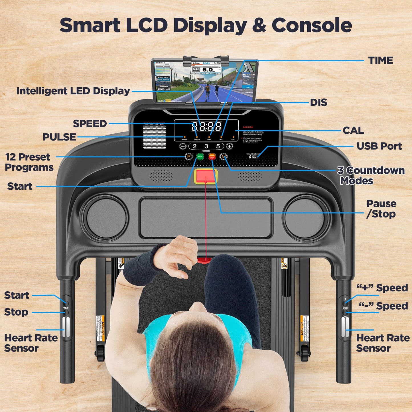 10% Inclined Treadmill w/ 330lb Capacity, 3.75HP Folding Treadmill for Home Walking Running, 64+7 Programs, APP Control, 7.5MPH, HiFi Stereo Speakers, Shock-Absorbing, Knee Strap Gift