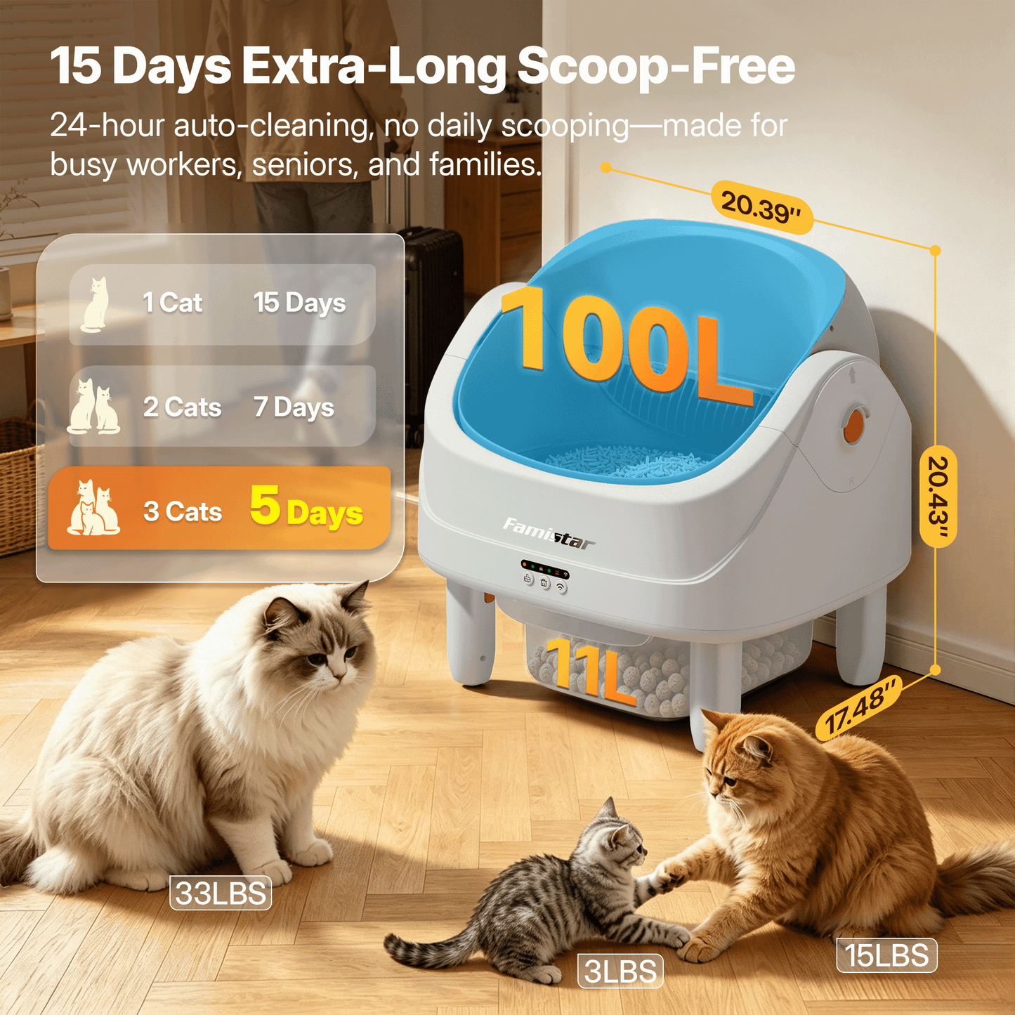 Automatic Cat Litter Box, Self-Cleaning Litter Box, Wifi-Enabled with 2.4G APP Control, Self-Cleaning Litter Box for Multiple Cats, Odor Removal, No-Disturb, Sensor Safety, Large 111L Capacity