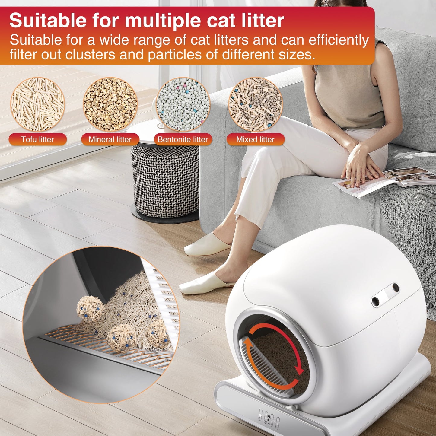 Automatic Cat Litter Box, 110L Self Cleaning Litter Box with APP Control, Odor Removal, Safety Protection, 65L+9L Large Capacity, Litter Box with 2 Liners & Baffle Plate