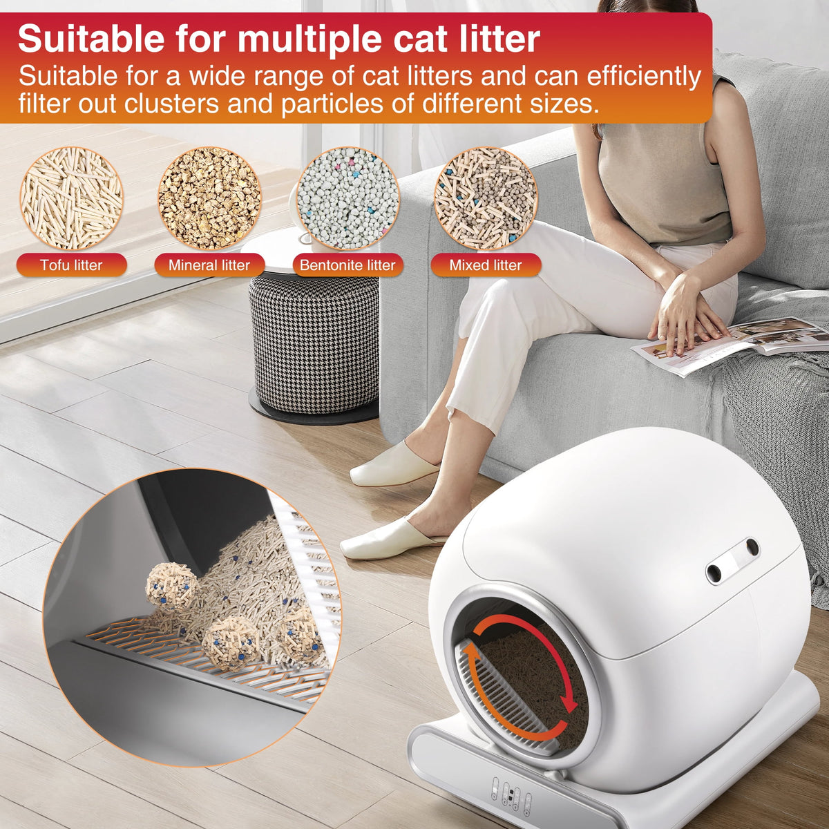 Automatic Cat Litter Box, 110L Self Cleaning Litter Box with APP Control, Odor Removal, Safety Protection, 65L+9L Large Capacity, Litter Box with 2 Liners & Baffle Plate