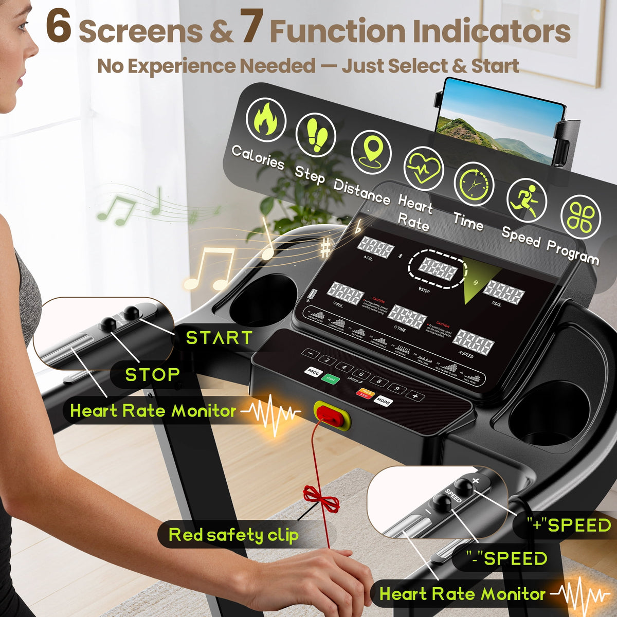 3.75HP Folding Treadmill with 300lbs Capacity, 105Programs Treadmill for Home, 3 Adjustable Incline, 9MPH Speed, Intelligent APP control, Silent Brushless Motor, Bluetooth & HiFi Stereo Speakers