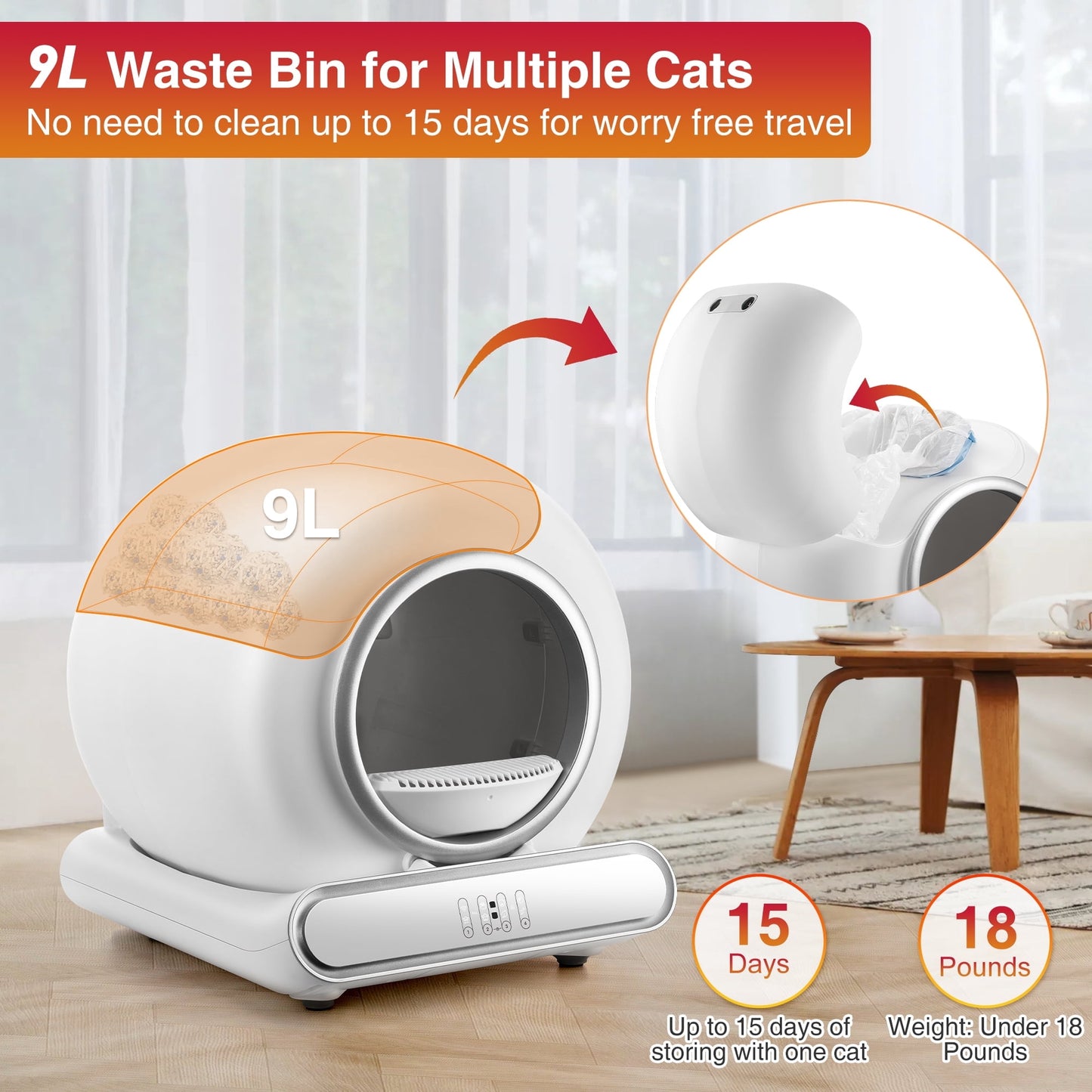 Automatic Litter Box for Multi Cats, Self Cleaning Litter Box, APP Control + Panel Control, Anti-Pinch Safety Design, 74 Large Capacity, Odor Control, Quiet Operation, 2 Roll Liners